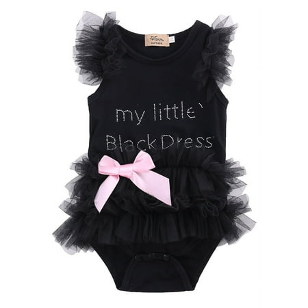 

Yunliwuli Baby Girl Tutu Romper Letter Lace Ruffles Cuff Bodysuit Jumpsuit Black Dress Bowknot Bow Lace Cloth