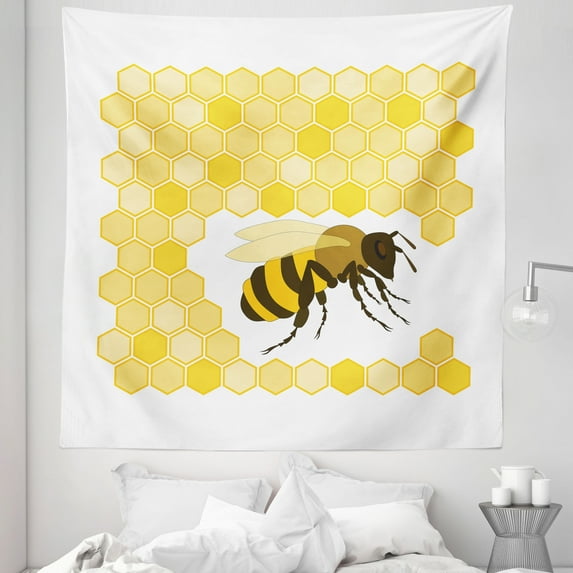 Honey Bee Tapestry, Single Bug Silhouette with Monochrome Hexagons, Fabric Wall Hanging Decor for Bedroom Living Room Dorm, 5 Sizes, Mustard Yellow, by Ambesonne
