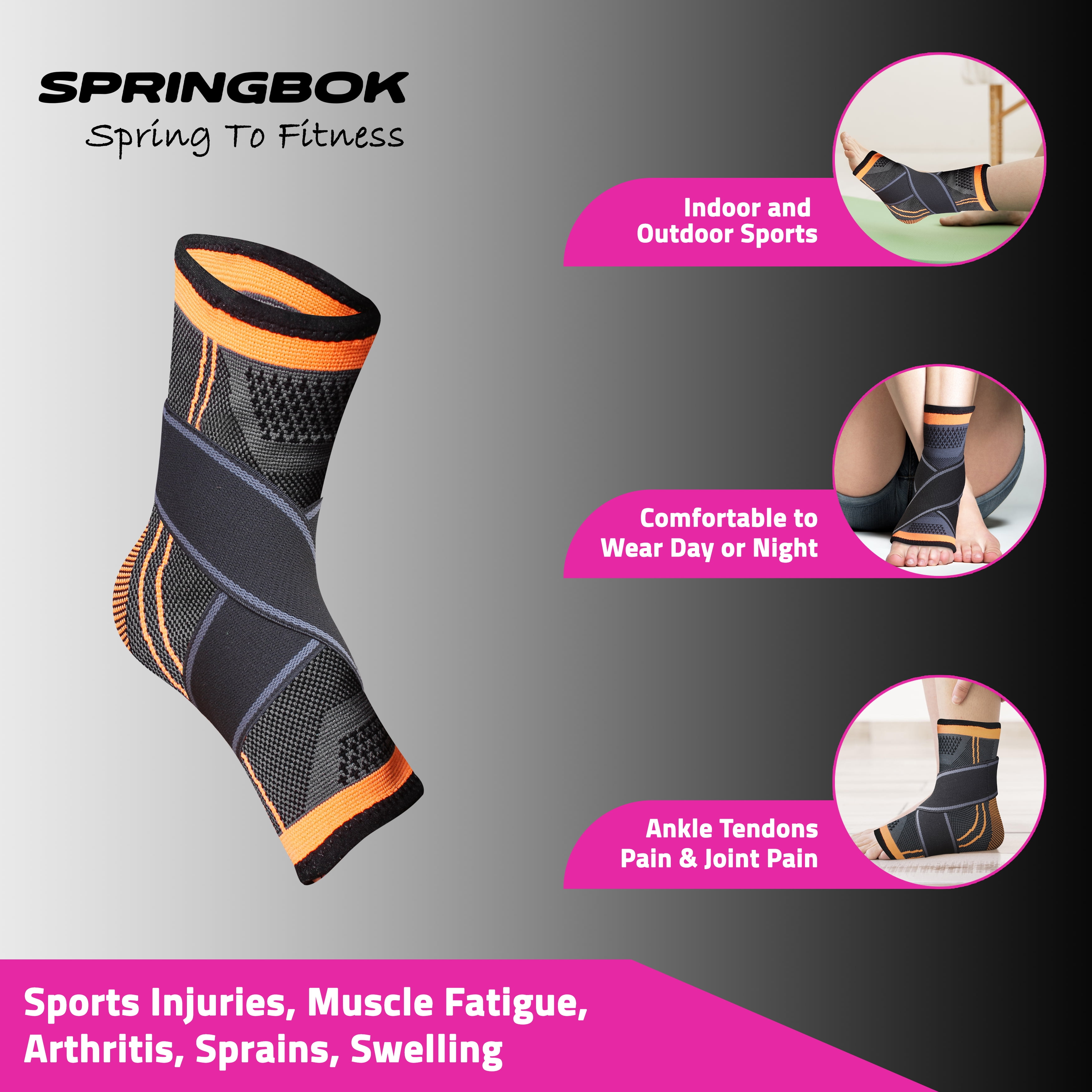 SPRINGBOK Ankle Support with Binder | Adjustable Compression Band for Men & Women | Band with Elastic Strap for Ankle Pain | Stretchable Ankle Wrap for Sports (Black) 1 Piece M Size