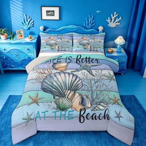 jejeloiu Life Is Better Print Full Size Comforter Sets Kids,Ocean Coral Starfish Bedding Sets,Reversible,3-Piece