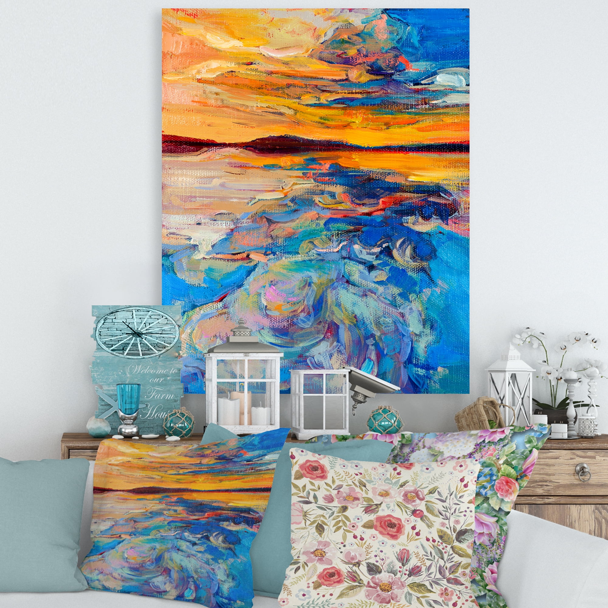 Designart ' Whirly Blue Waves Under Orange Sunset ' Nautical & Coastal Canvas Wall Art Print