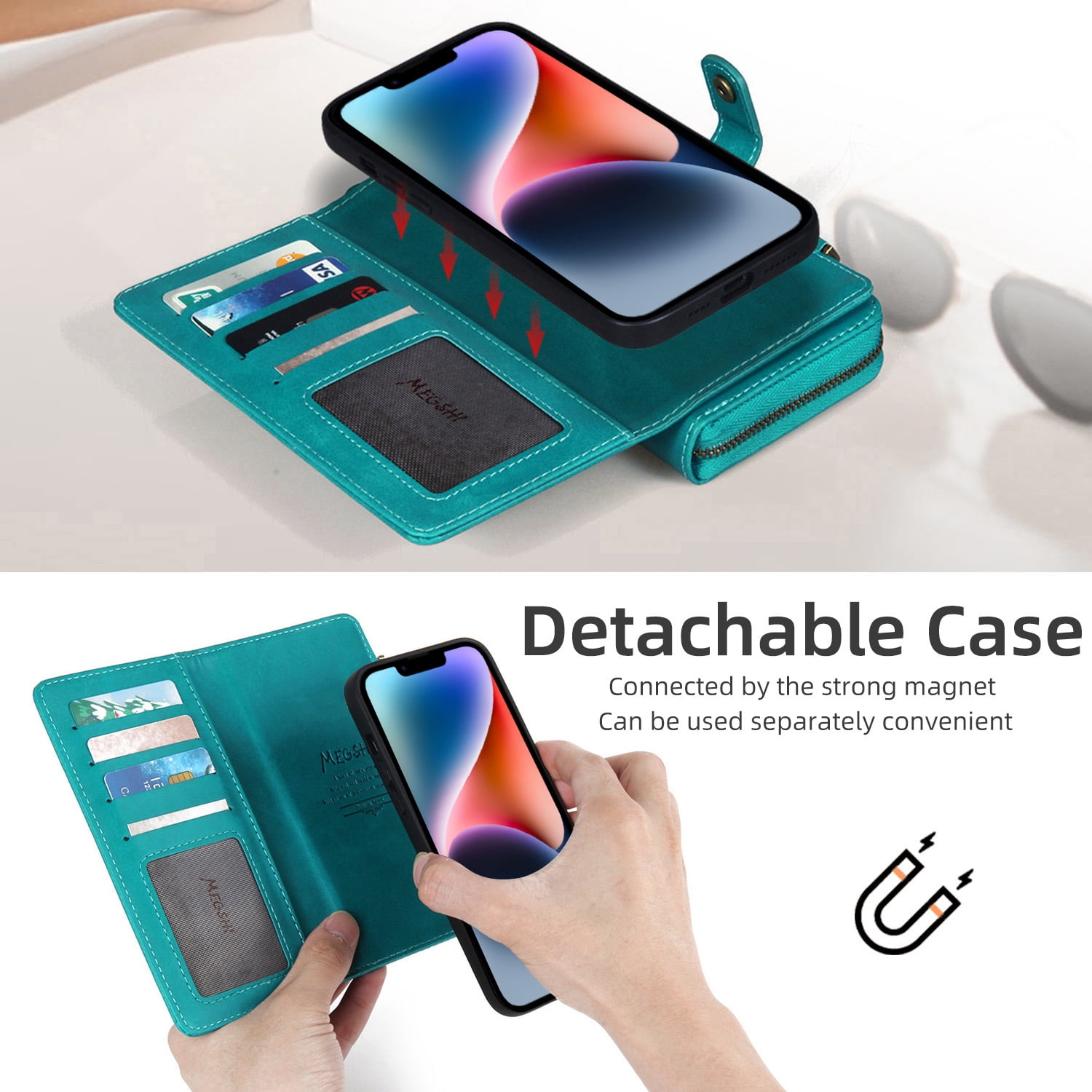 ELEHOLD Flip Wallet Case for iPhone 14 PU Leather Purse Case with Large Capacity 13 Card Slots Zipper Pocket Kickstand Magnetic Detachable Case Cross Body Shoulder Strap Shockproof Protective,Blue