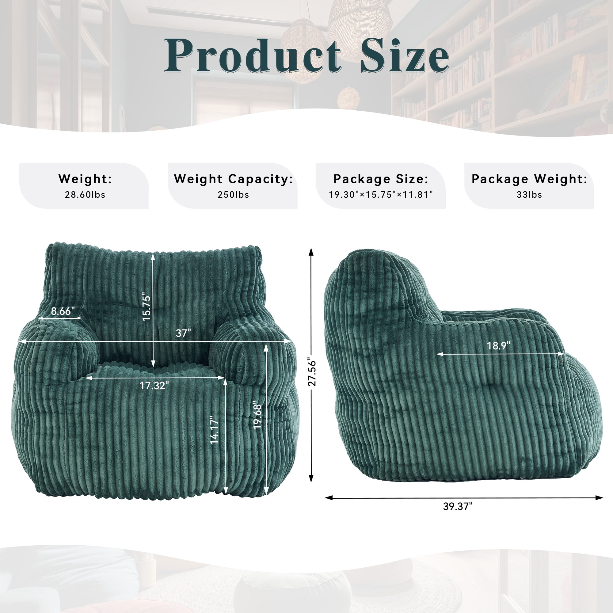 Bean Bag Chair with Filling BeanBag for Adults with Armrest Comfy Corduroy Fabric Lounge Lazy Floor Chair with Memory Foam Filler Fluffy Bean Bag for Dorm Living Room Bedroom Green