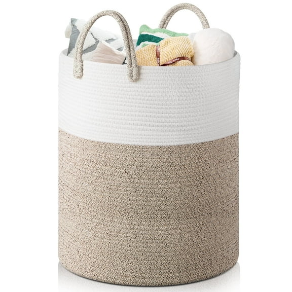 Large Blanket Basket (15"x20"), 58L Cotton Rope Blanket Basket, Woven Baskets with Handle for storage Baby Laundry Hamper, Cotton Rope Blanket Basket for Living Room, Laundry, Nursery, Baby Toy chest