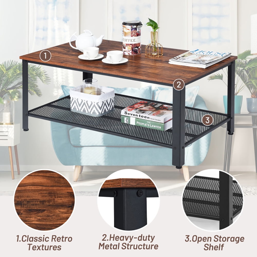 Finihen Wooden Coffee Table, Metal Frame Wood Coffee Table Console Table with Storage Shelf, for Living Room, Reception Room, Office, Brown