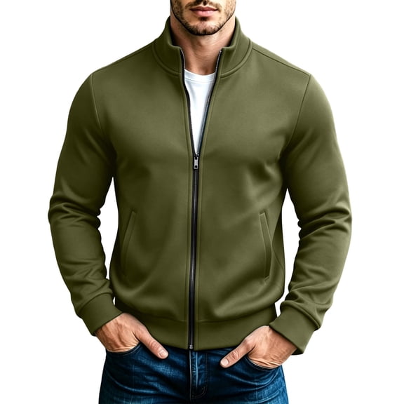 IROINNID Men's Full Zip Mock Neck Jacket Long Sleeve Casual Track Top with Side Pockets Solid Color Stand Collar Lightweight Outerwear for Fall Winter Daily Wear
