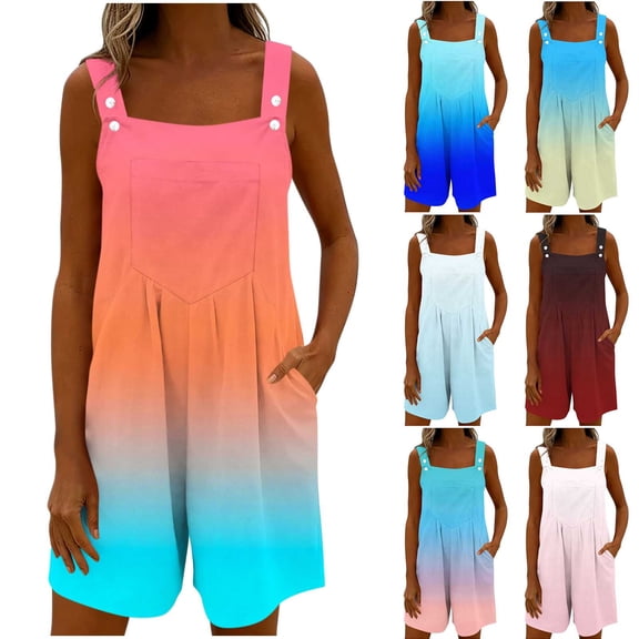 Sentmoon Sleeveless Rompers for Women Overalls Sleeveless with Print Button Down Loose Fit Spaghetti Strap Plus Size Jumpsuits for Women with Pockets Summer for Going out and Concert
