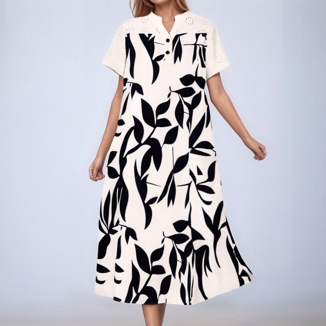 WILLBEST Vestidos de Lino para Mujer Vestido Casual con Estampado Floral para Mujer Cuello En V Manga Corta Ropa de Fiesta Cómodo Atuendo Diario Primavera Verano Otoño Moda Básica Extra Grande