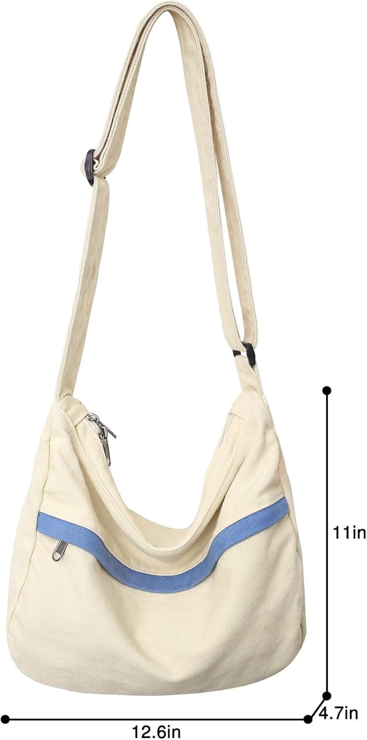 Canvas Messenger Bag Large Hobo Crossbody Bag with Zipper Casual Shoulder Tote Handbag for Women and Men