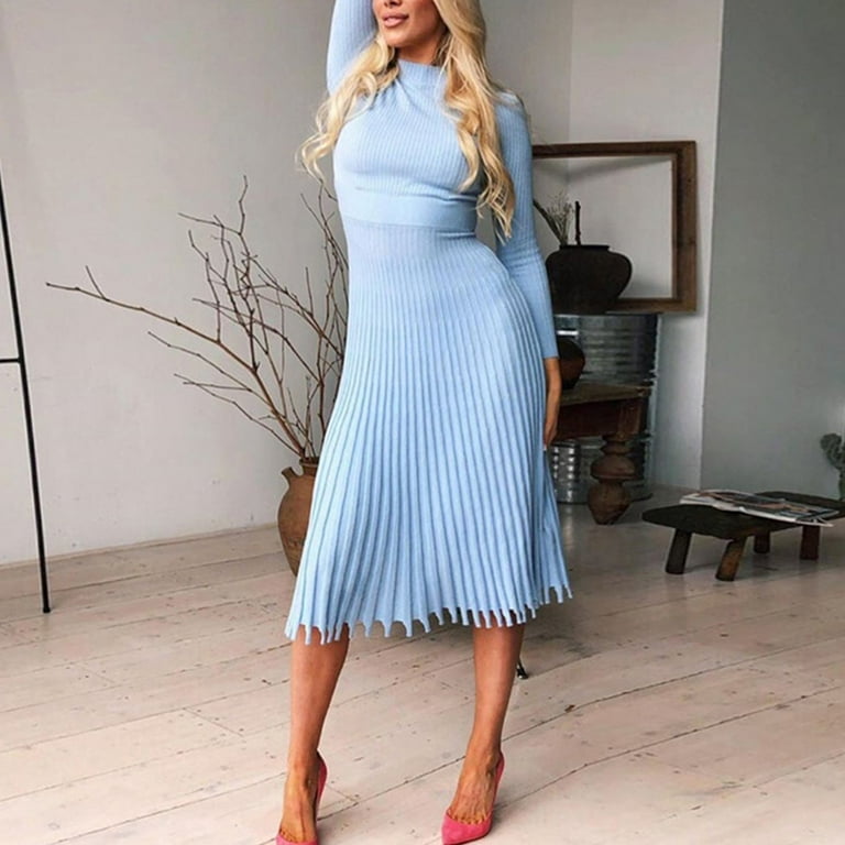 open lace back dress Ribbed Knit Turtleneck Dress Women's Pleated A-Line Midi Sweater Dress Long  Sleeve Elegant Fit & Flare Winter Formal Work Party Dress in Black by  Kouvr main image 1