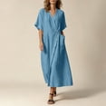 thumbnail image 2 of Bxsruta Women's Wrap V Neck Midi Dress Button Front Short Sleeve Loose Fit Casual Faux Linen Summer Dress Breathable Lightweight Versatile Everyday Flattering, 2 of 8
