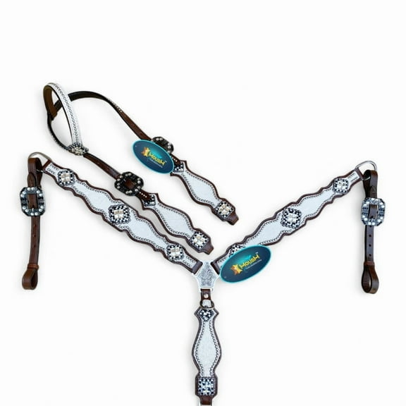 MOUSM Western Leather Headstall and Breast Collar tack Set for The Horse,Valentine Day Silver Metallic Acid wash Cowhide Look with Rhinestone