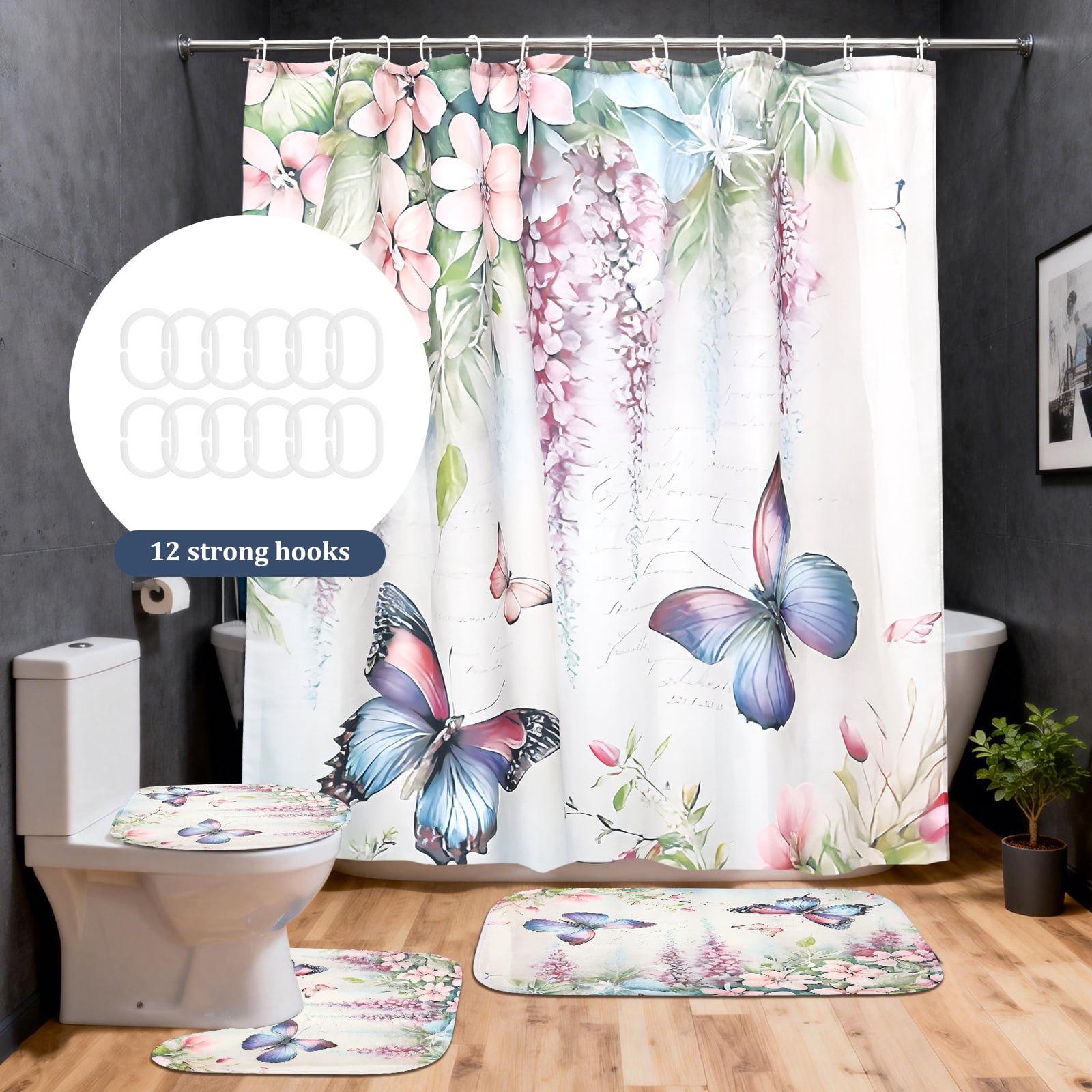 Dznils White Floral Shower Curtain Sets with Rugs, 16pc Butterfly Bathroom Curtain Set, 72" x 72"