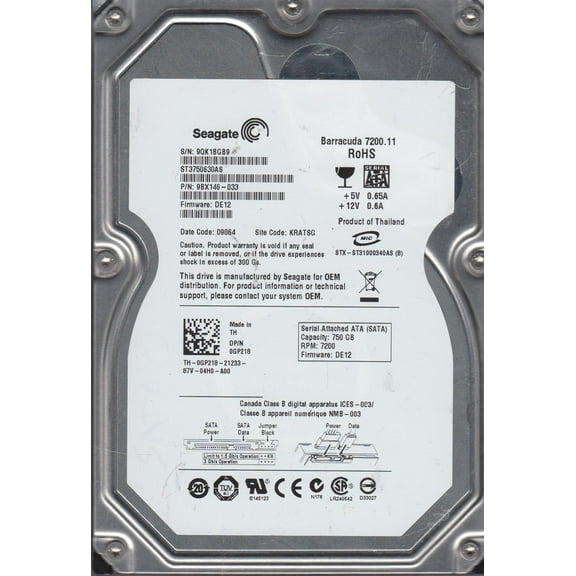 ST3750630AS, 9QK, KRATSG, PN 9BX146-033, FW DE12, Seagate 750GB SATA 3.5 Hard Drive