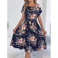thumbnail image 6 of Lovzfmll Maxi Dress for Women, Crew Neck Short Sleeve with Batwing Sleeve & Tie Waist, Casual Pleated Dress Navy, XL, 6 of 9