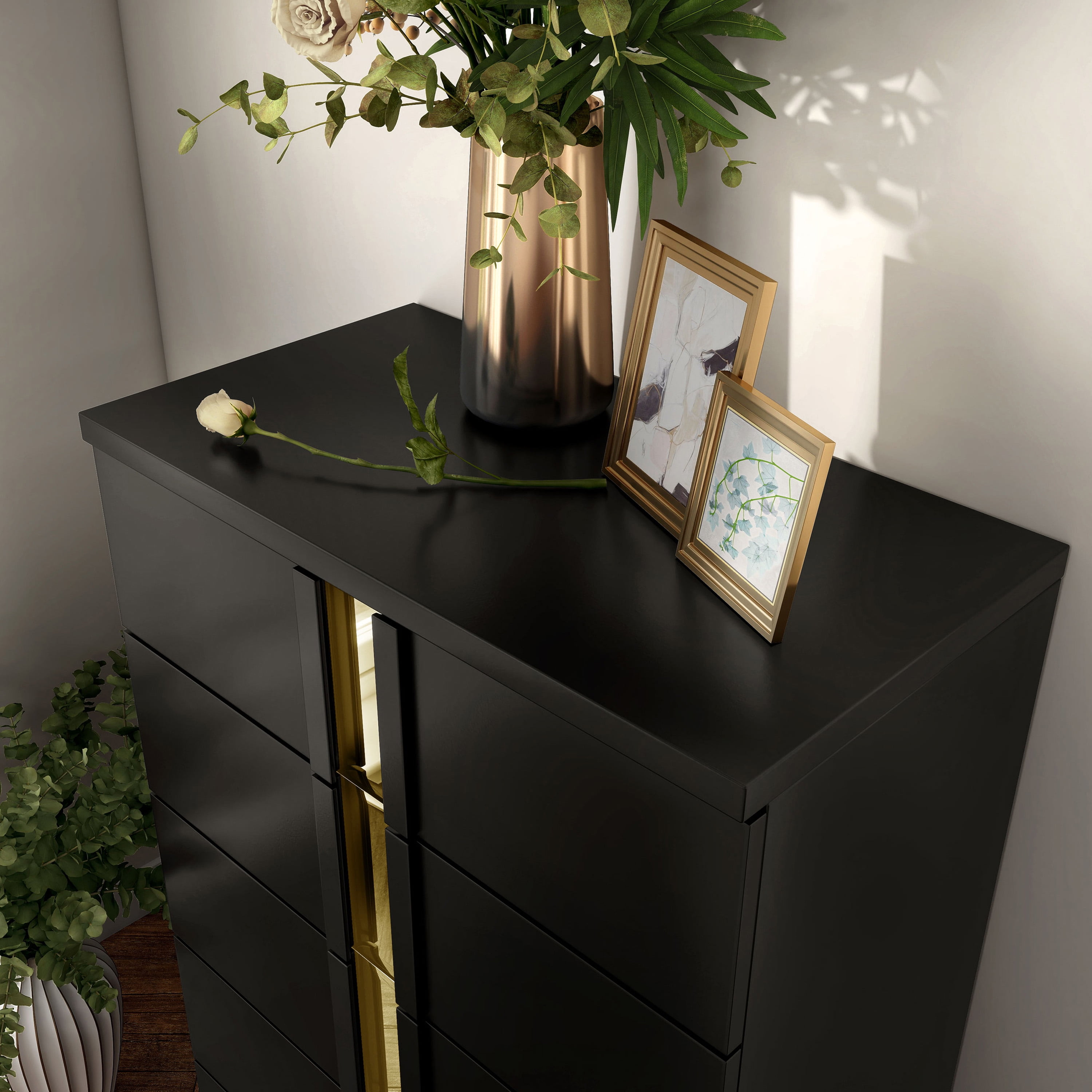 Furniture of America Chora Adult Modern 5-Drawer Solid Wood Bedroom Vertical Dresser, Black and Gold