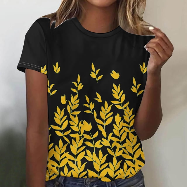 Fiudx Tops para Mujer Top de Manga Corta con Cuello Redondo y Estampado Informal para Mujer