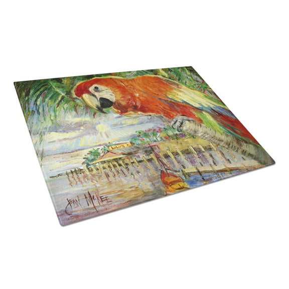 Carolines Treasures Red Parrot at Lulus Glass Cutting Board Large 12H x 16W multicolor