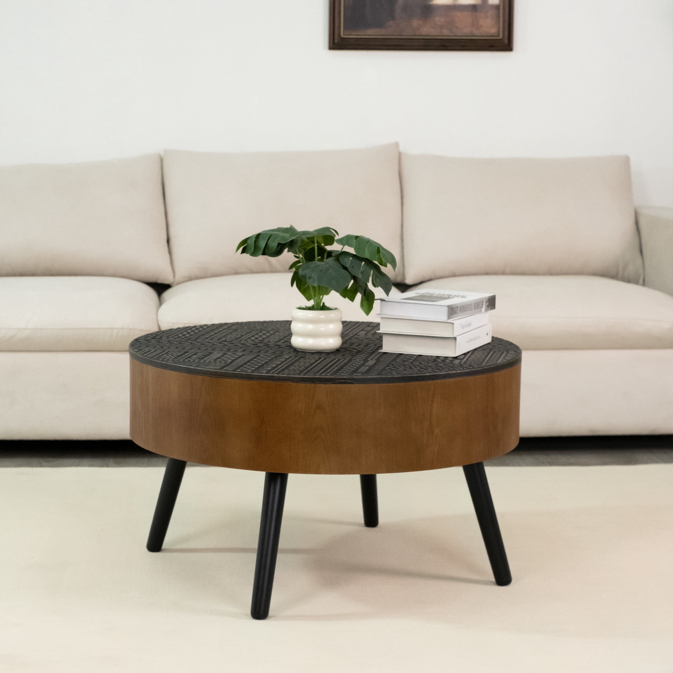 Noble House Tappen 31.5" Round Coffee Table with Engraved Top, American Wood Side Table for Small Spaces, Brown
