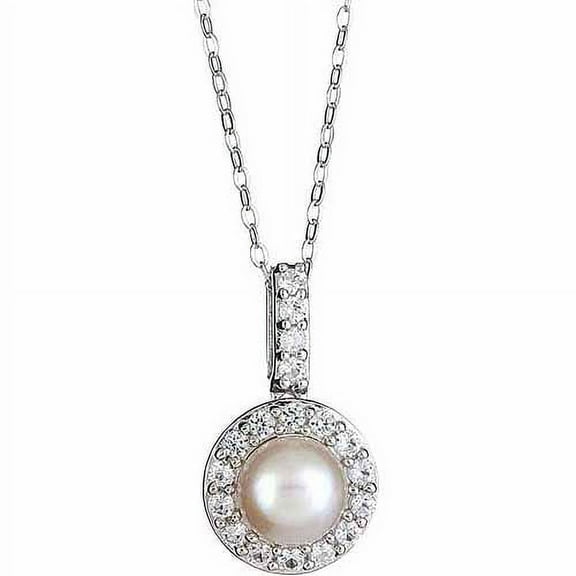 Pearl and Created White Sapphire Sterling Silver Pendant, 18"