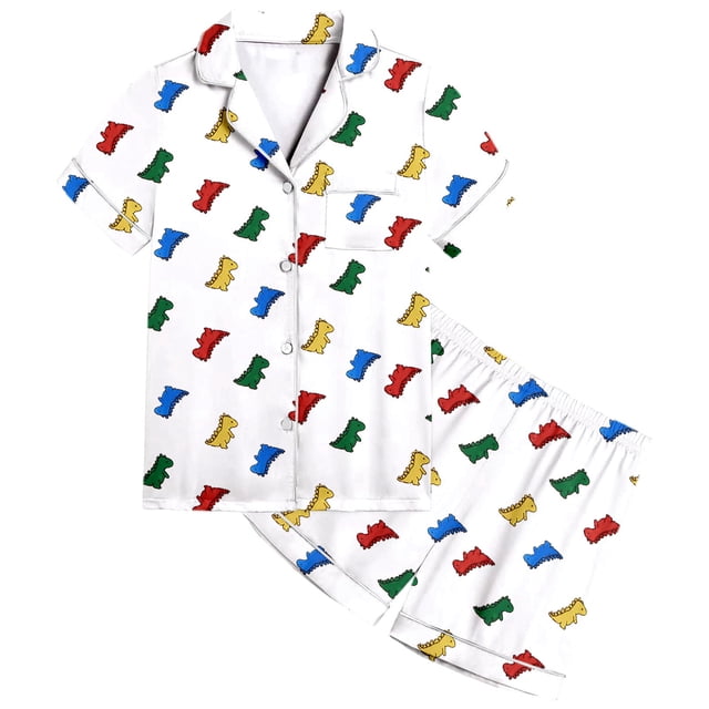 Floral Print Childrens Short Sleeve Button Down Pajama Set with Matching Shorts for Girls Nightwear Comfort