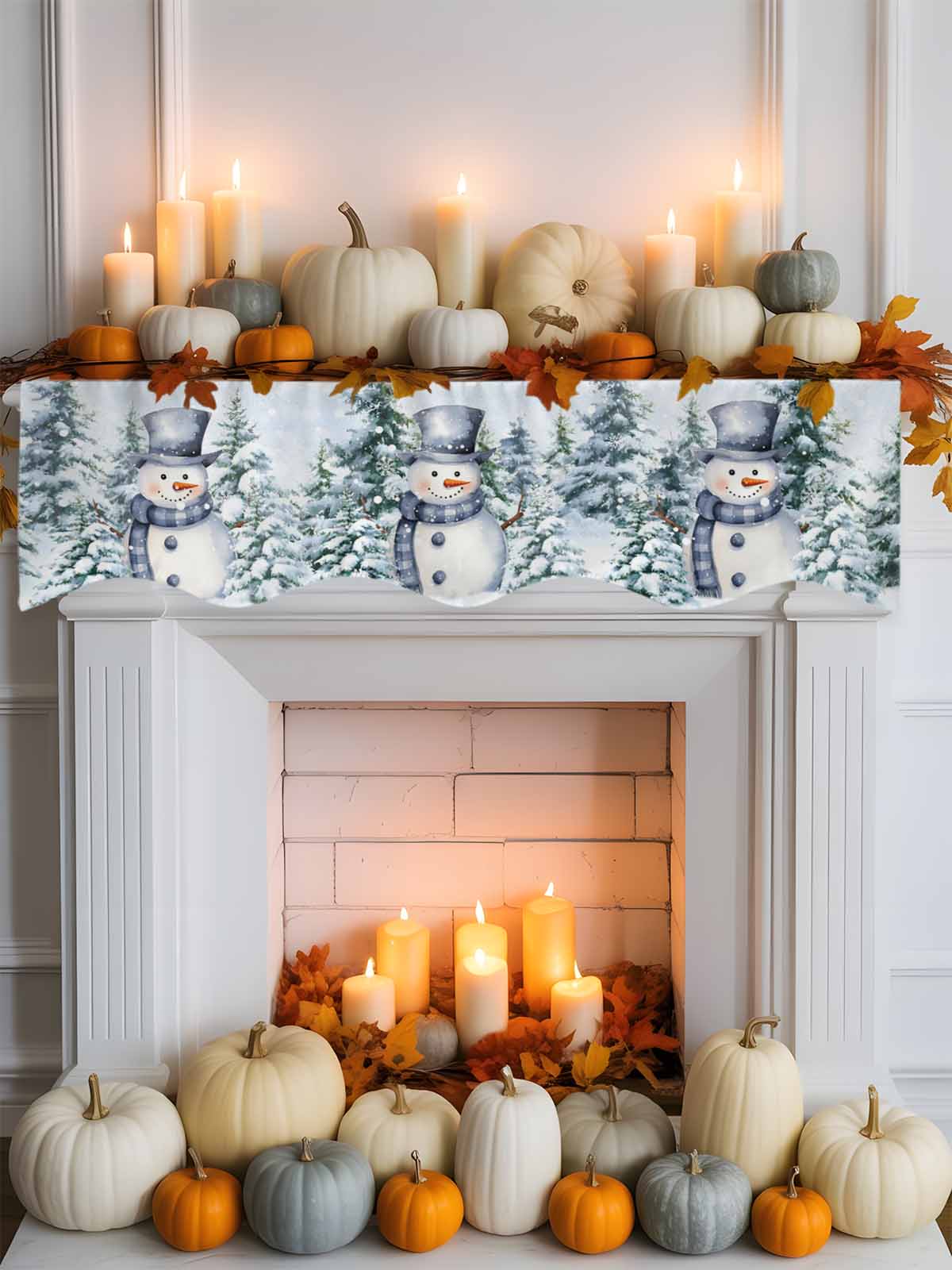 Christmas Blue Snowman Fireplace Mantle Scarf Winter Snow Scene Pine Tree Forest Bird Mantel Cover Runner Fireplace Cloth for Holiday Party Home Living Room Decor 70 x 17 Inch