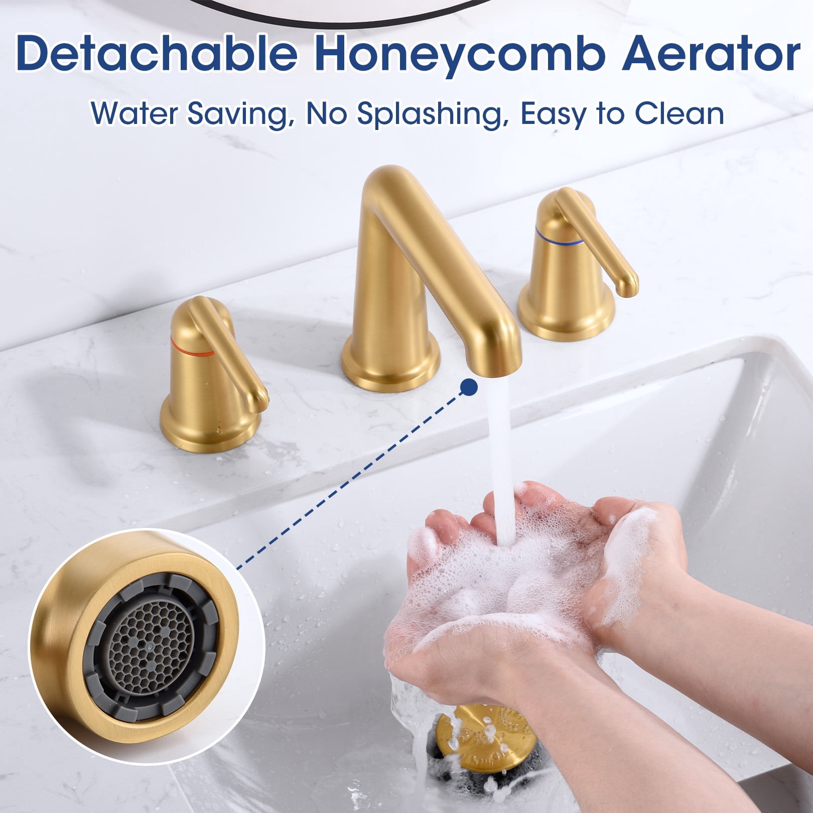 Wowkk 3 Hole Bathroom Faucet 2 Handle Widespread Bathroom Sink Faucet with Pop up Drain and Supply Lines, Brass Vanity Faucet for Rv Farmhouse Lavatory Restroom Sink, Brushed Gold