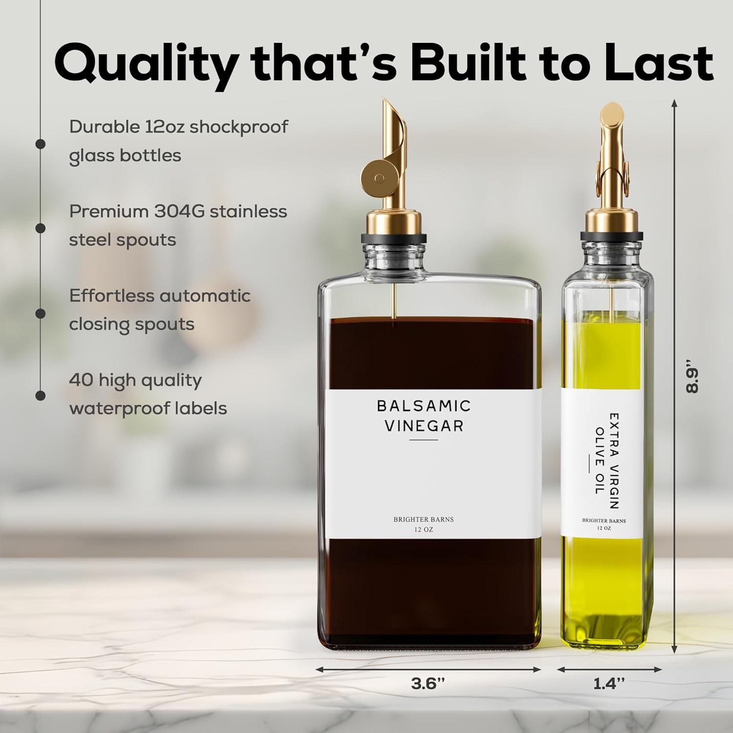 Glass Olive Oil Dispenser Bottle for Kitchen by - Coffee Syrup Dispenser, Oil and Vinegar Bottle - Modern Kitchen Essentials for Restaurants, Coffee Bar, Airbnb (Clear/Gold, Set of 2)