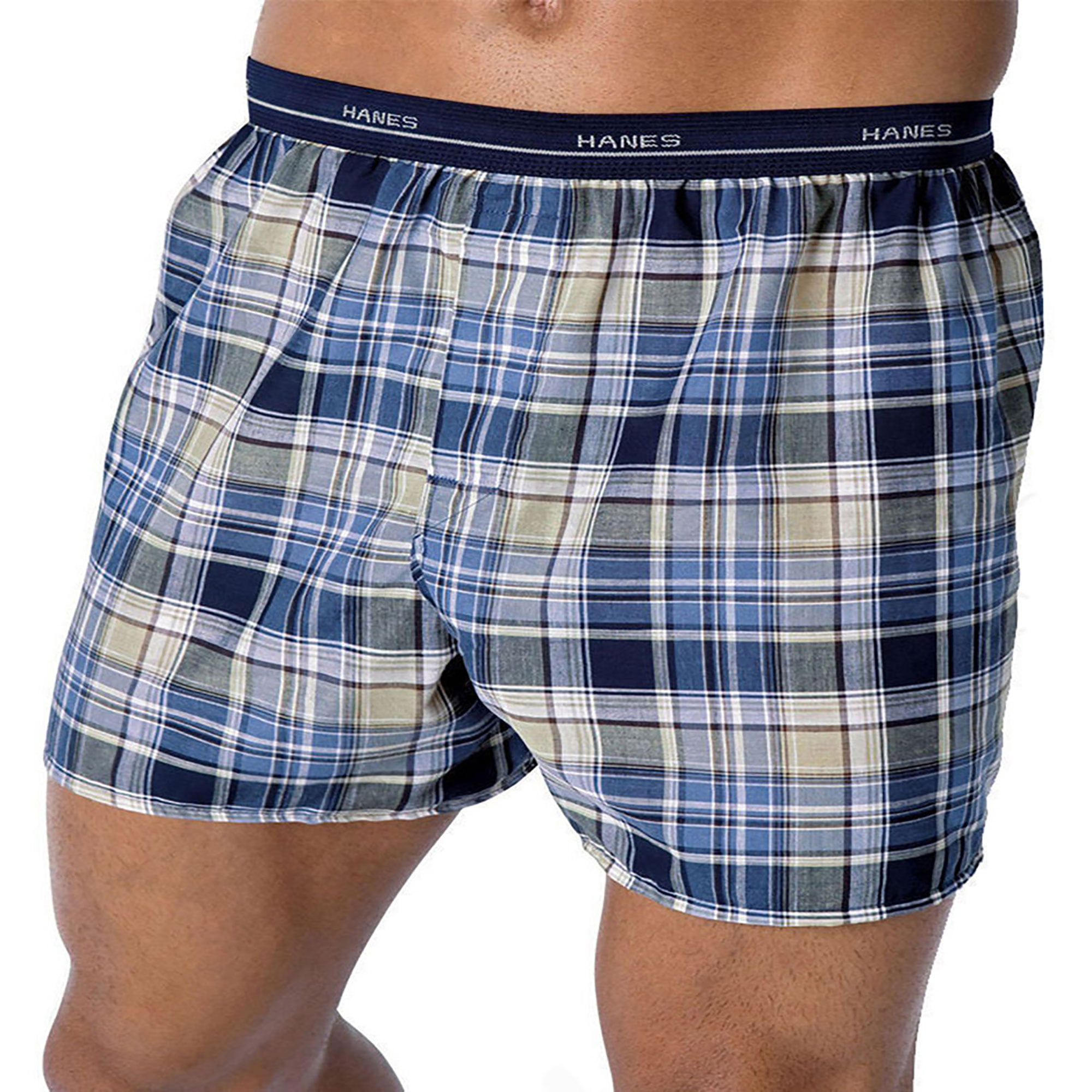 Medium, Plaids / Prints Exposed Waistband Hanes Mens 5-Pack Boxer with Exposed Waistband 