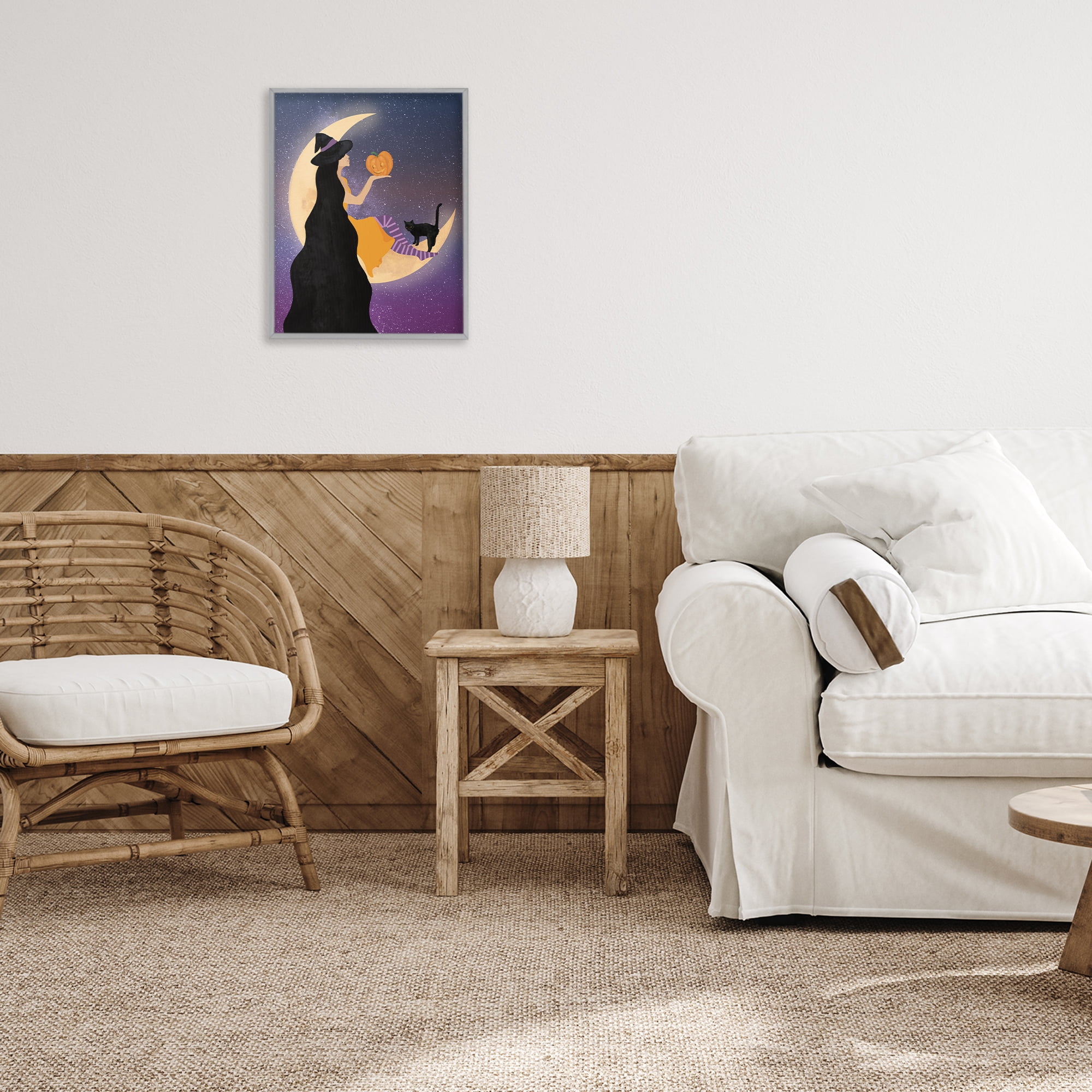 Stupell Industries Moonlit Witch Holding Jack-o-Lantern Gray Framed Giclee Art, design by Daniela Santiago