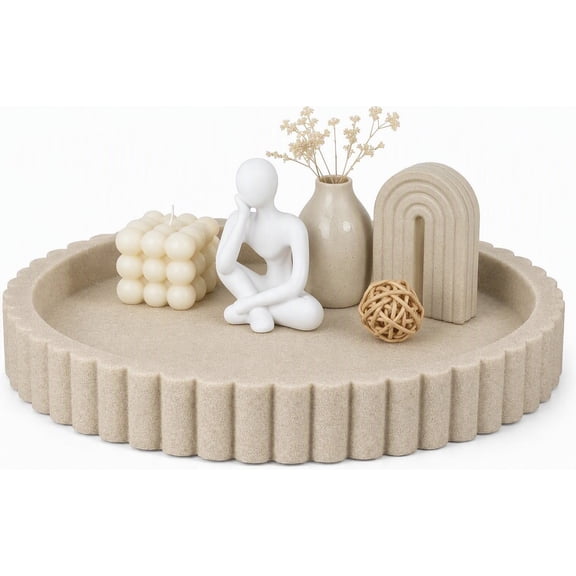 Round Decorative Tray for Coffee Table & Dresser | 11" Beige Resin Modern Centerpiece Organizer