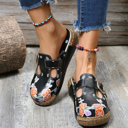 

Yoslce Womens Shoes Women Folk-Custom Color Block Hollow-Out Manual Flower Printing Flip Flops For