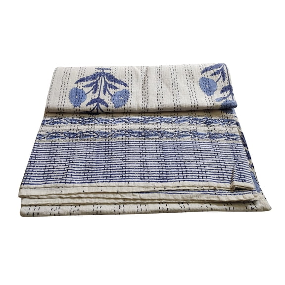 Silkgram Bedspread Hand Block Blue Floral Print Kantha Quilt 100% Cotton Handmade Kantha Quilt Flat Blanket,Bedsheet Coverlet Sofa Cover