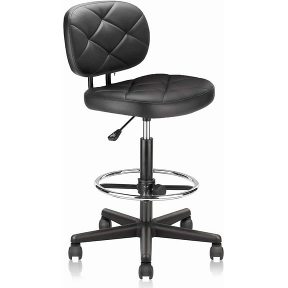 PU Leather Rolling Bar Stool with Wheels and Back, Tall Drafting Stool with Adjustable Height and Footrest, Multi-Purpose Office Desk Chair for Home Kitchen Shop Work, Black (1PK)