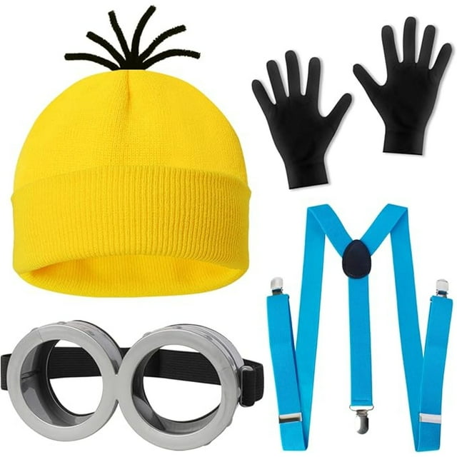 Conjunto de ropa de Minions para adultos: gorro amarillo, gafas, guantes y tirantes | Accesorios divertidos para disfraz de Minion para Halloween