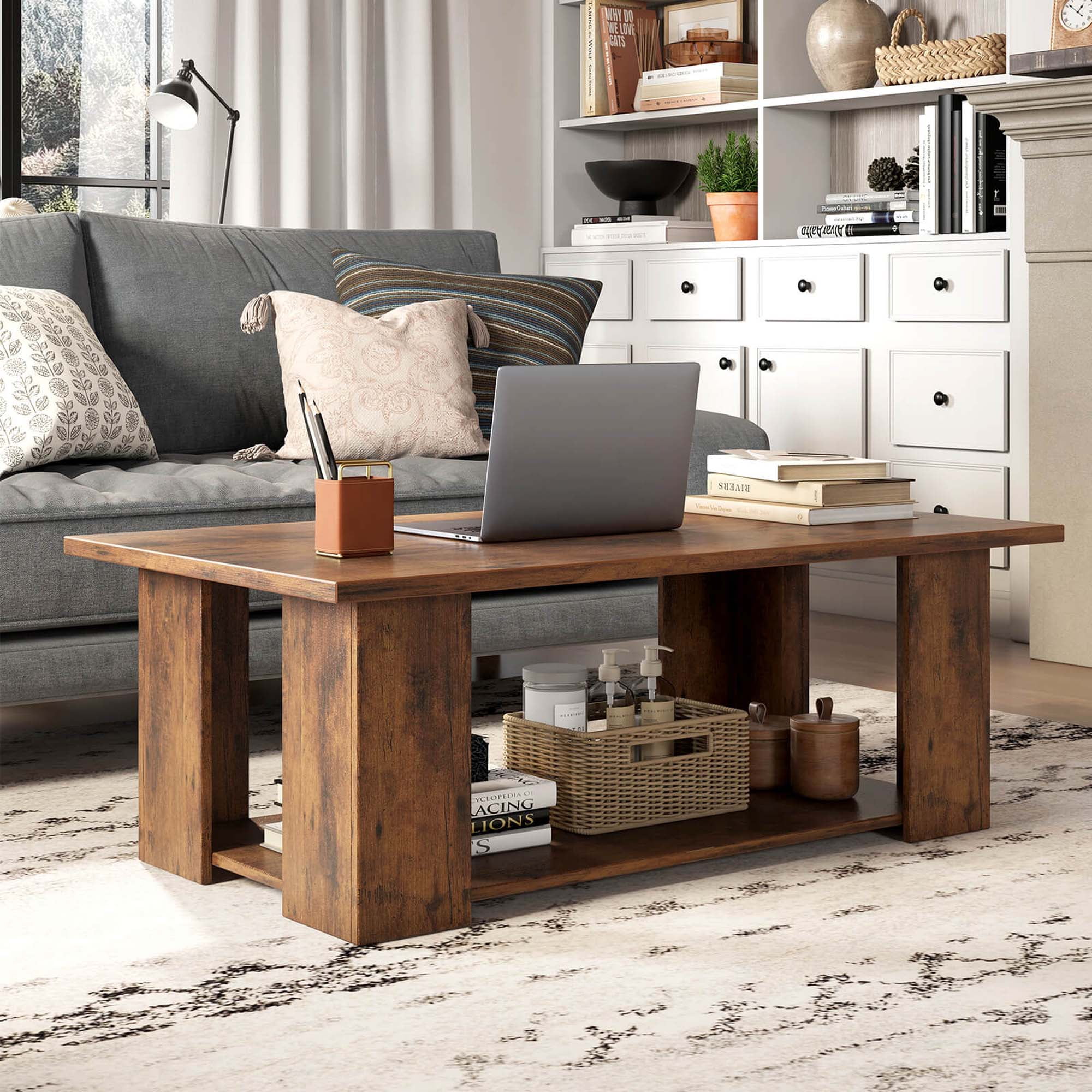 Costway Coffee Table 2-Tier Modern Center Cocktail Table with Storage Shelf for Living Room Brown