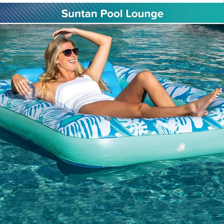 Aqua Inflatable Tanning Pool Lounger & Float with Removable Pillow - 71" x 48” - Blue Flowers