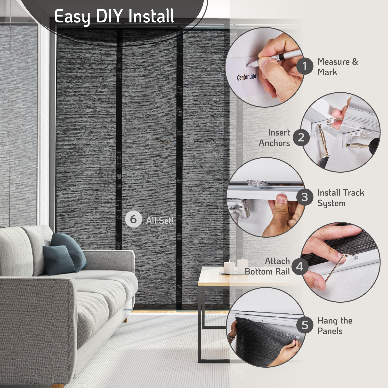 Piecenat Panel Track Blinds 23 in Cordless Paper for Sliding Door Vertical Window Blinds, Charcoal Black, 85.5 in x 96 in