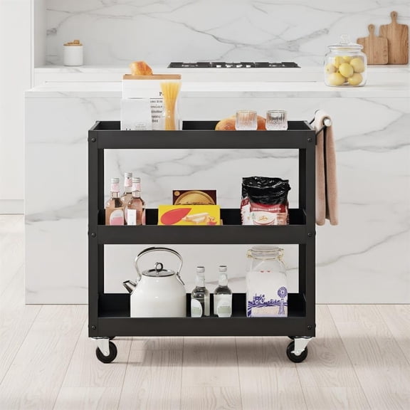 Topcobe 3-Tier Utility Cart Metal Mental Storage Service Trolley, Portable Kitchen Carts on Wheels with Storage, Black