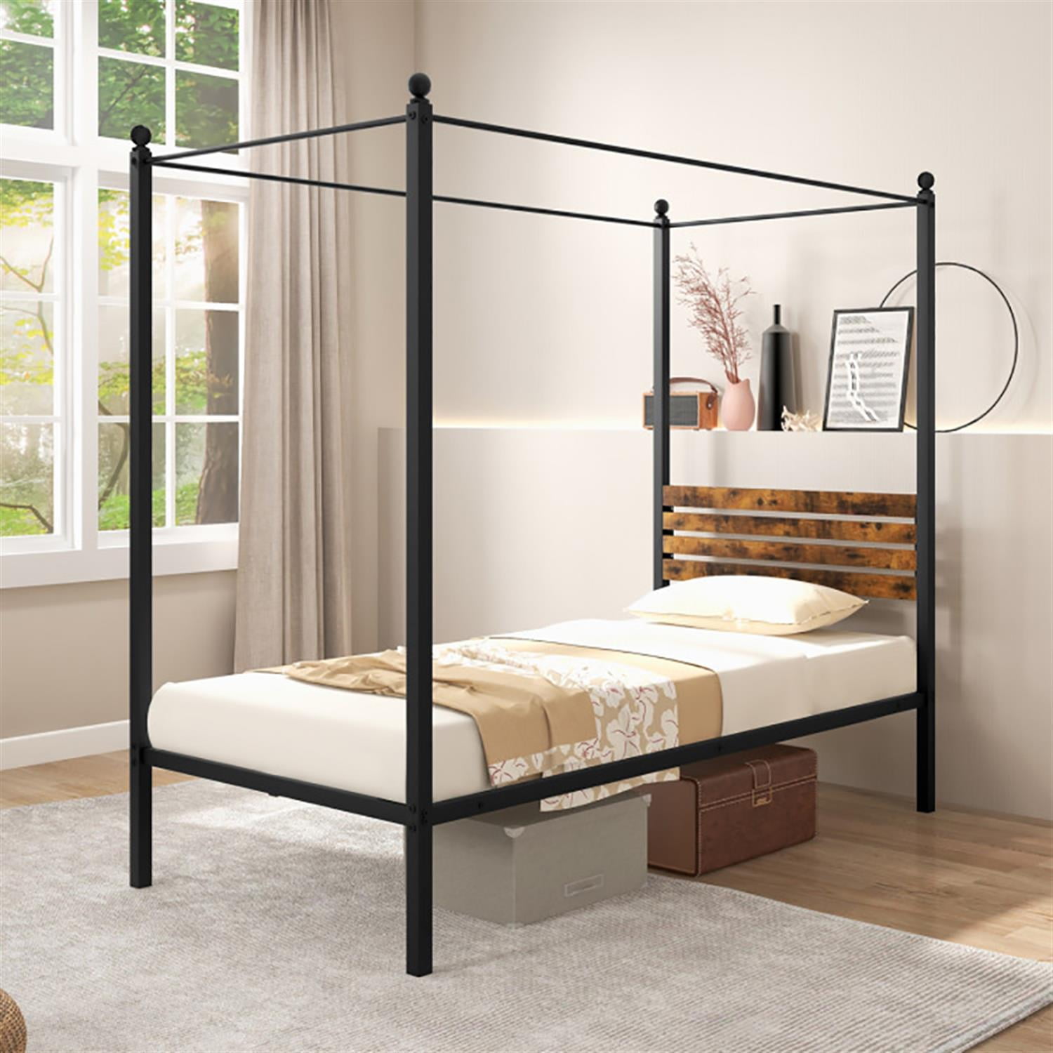 Demi Bonn Twin Size Canopy Metal Platform Bed Frame with Under Bed Storage, Steel Slat Support, No Box Spring Needed, Black