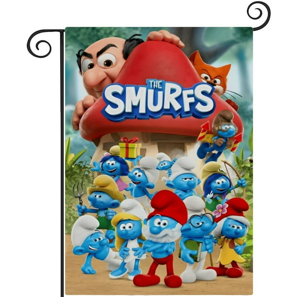 Los Pitufos -bandera de jardín temática. Regalo perfecto para fans, amigos y familiares, ideal para actividades al aire libre y decoración de fiestas.45CM*100CM