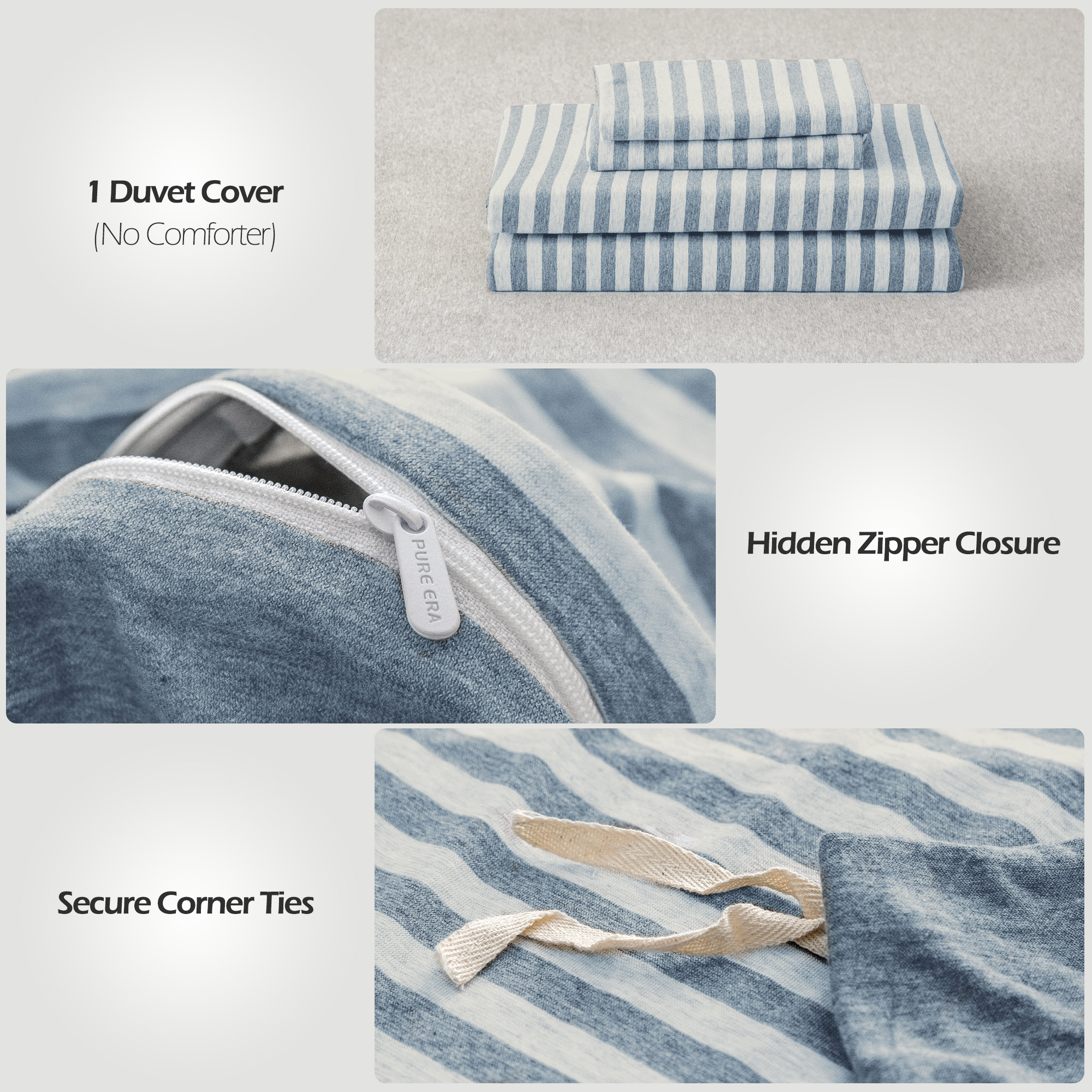 PURE ERA Jersey Knit Duvet Cover Set 100% T-Shirt Heather Cotton Super Soft Striped Design, with Zipper Closure, Blueish Grey Stripe, Queen