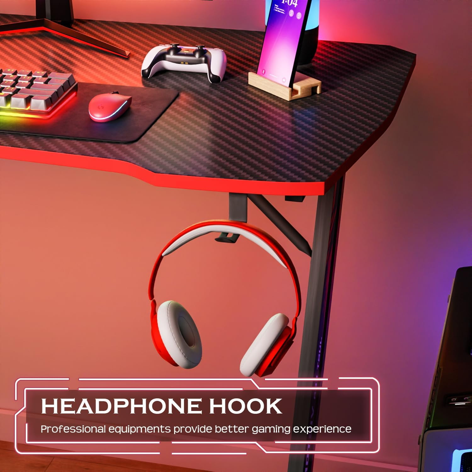 PayLessHere 39 Inch Z-Shaped Gaming Desk with Headphone Hook Sturdy with Spacious Desktop,Red