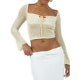 thumbnail image 2 of Musuos Women’s See-though Knit Crop Tops Long Sleeve Tie-Up Front Solid Color T-Shirts Spring Summer Streetwear, 2 of 7