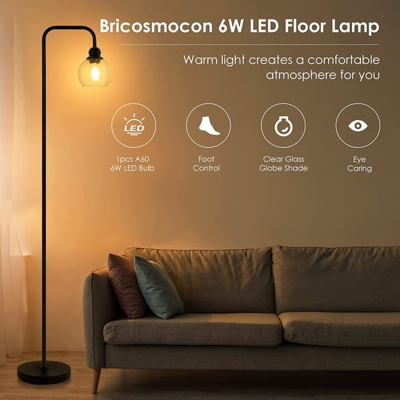 YJYASX-Modern Floor Lamps for Living Room with 6W LED Bulb, Industrial Floor Lamp, Clear Glass, Black Classic Reading Tall Lamp for Home Office, Standing Lamps for Bedroom, Study, Minimalist, Vintage