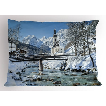 Winter Pillow Sham Panoramic View of Scenic Landscape in Bavaria Parish Church of St. Sebastian, Decorative Standard Size Printed Pillowcase, 26 X 20 Inches, Blue Brown White, by