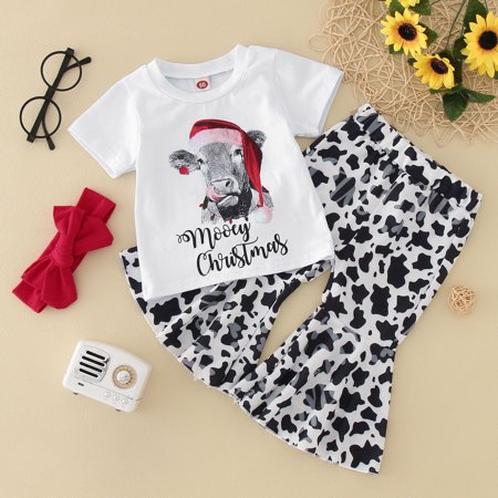 

baby girl christmas outfit Toddler Girls Short Sleeve Cow Letter Prints Tops Flared Pants Trousers With Headband 3PCS Outfits Clothes Set White 90 Kids Christmas Gifts