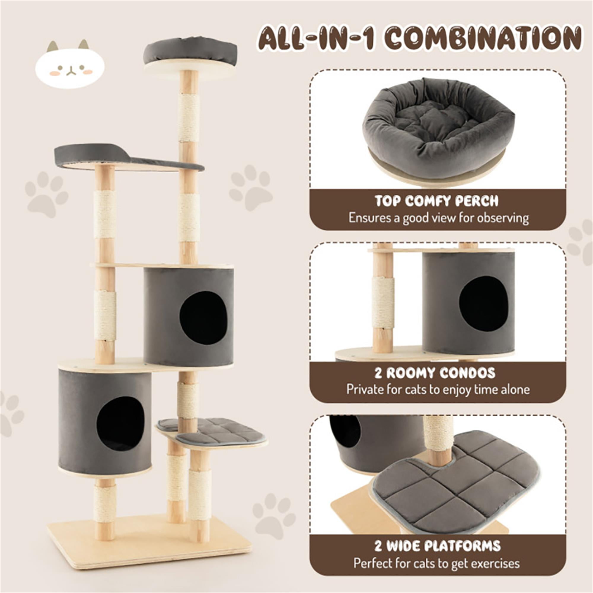Kadyn 75" Wood Cat Tree Tower for Indoor Cats, Multi-Level Cat Condo with Scratching Posts, Perch, Washable Removable Cushions, Cat Furniture, Gray