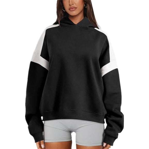 Silver Basic Unisex Trendy Color Blocked Baseball Jersey Long Sleeved Hooded Sweatshirt For Women Outside L,Black-1