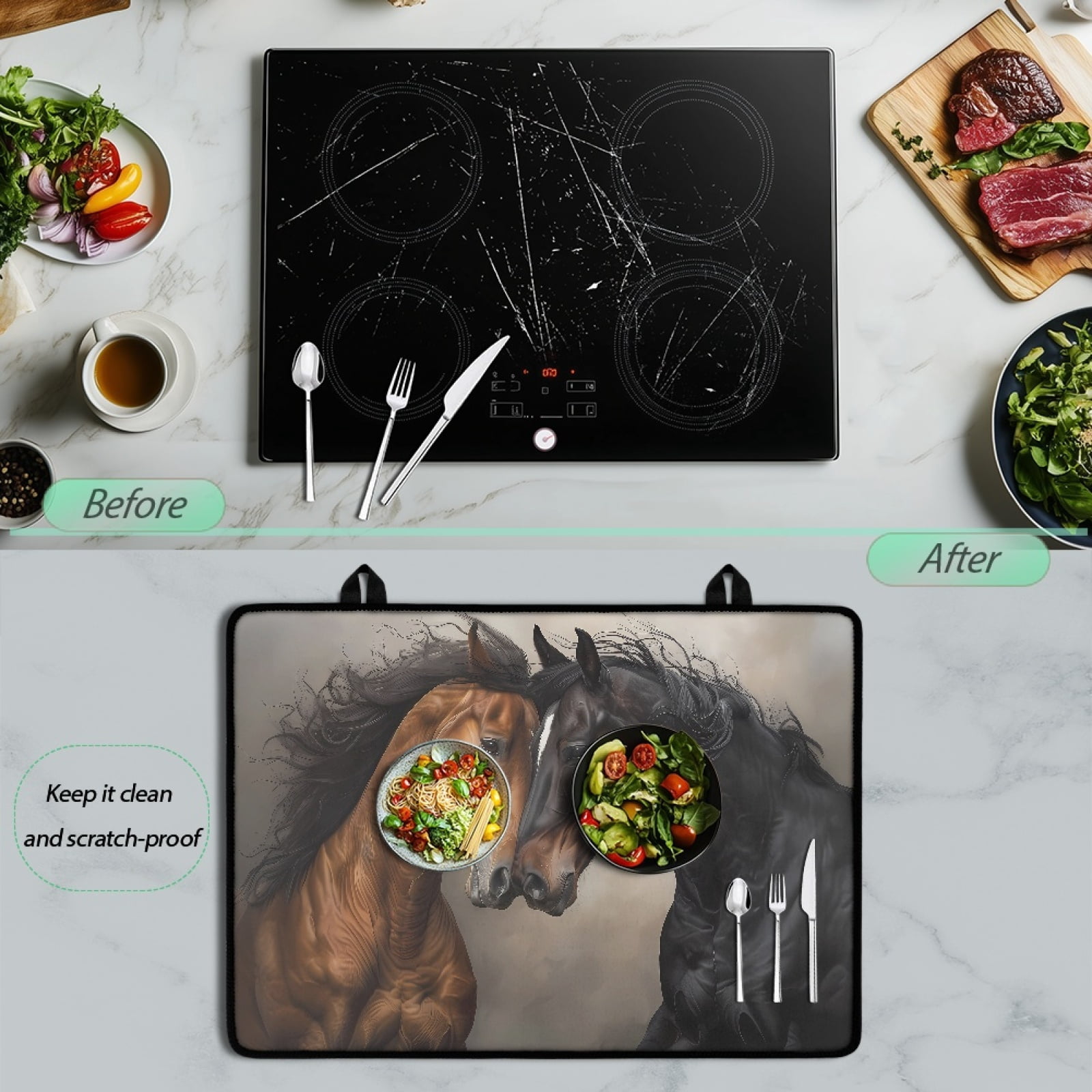 Renewold Stove Top Cover Non-slip Electric Glass Stove Mat Oil Resistant Flat Top Oven Protector Versatile Stove/Counter/Washer Top Protector Mat, Brown Black Horse